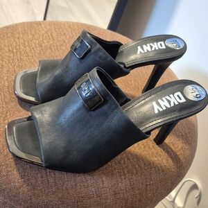 DKNY Black Leather Heeled Mules